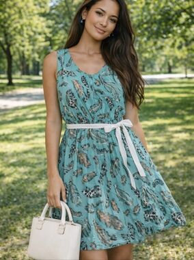 ONE IF A KIND Feather Print Dress with Belt